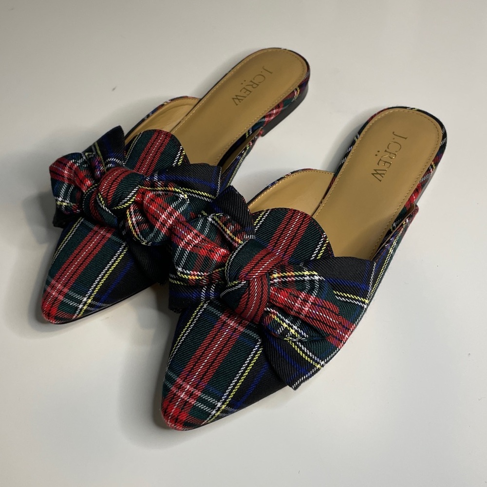 J. Crew Tartan Plaid Bow Mules Red, Blue, and Green Size 7